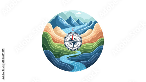 Aerial view of a circular illustration featuring a compass on layered landscape