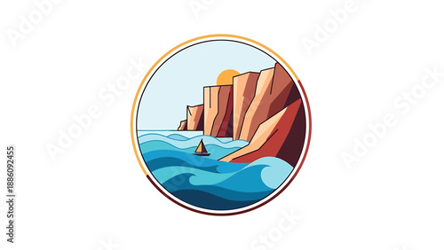Sailboat navigating through rocky cliffs and ocean waves in a serene landscape illustration