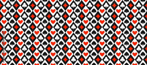 Seamless playing cards pattern. Repeating diamonds, spades, clubs, hearts symbols background. Poker or casino table theme wallpaper. Repeated lozenge gambling concept texture. Vector