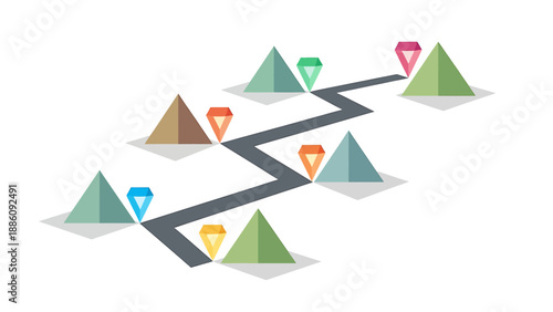 Journey Through Mountains with Colorful Markers on a Winding Path Illustration