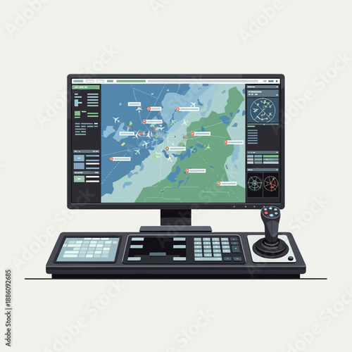 Air traffic control monitor screen with joystick and keyboard