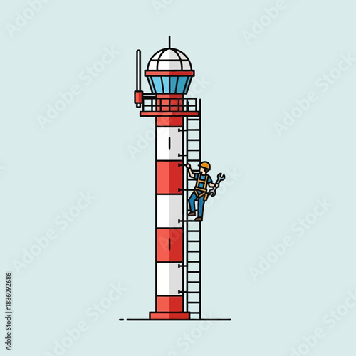 Air traffic control tower maintenance worker climbing ladder with tools