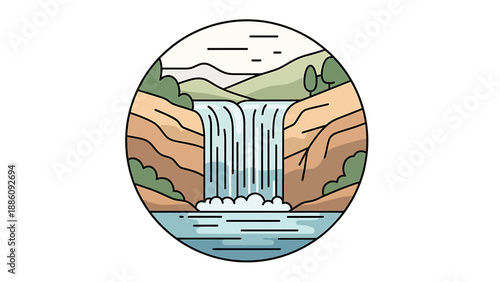 A serene waterfall cascading into a calm lake surrounded by lush greenery and rocky cliffs, viewed from a distance in a circular illustration.