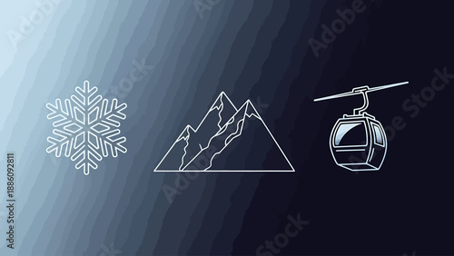 A serene winter landscape featuring a snowflake, mountains, and a helicopter in a dark blue gradient background from a distant viewpoint