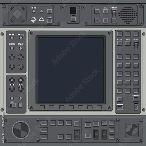 Modern aircraft cockpit dashboard with touch screen and buttons