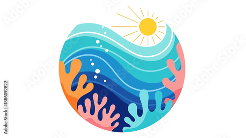 Vibrant coral reef illustration with ocean waves and sun in a circular frame viewed from above