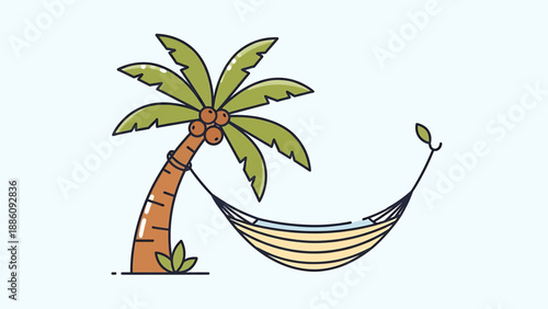 A serene hammock suspended between a palm tree and a small leaf on a tropical island, viewed from the side in a relaxed illustration
