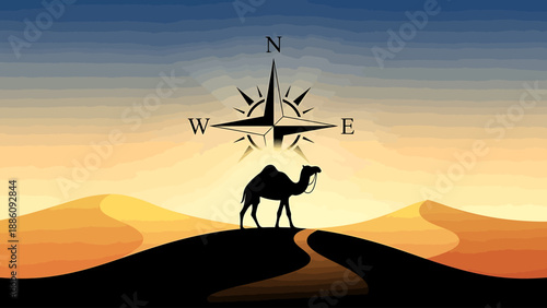 A camel standing on a sand dune with a compass in the desert landscape at sunset from a distant viewpoint