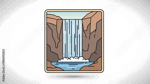 A serene waterfall cascading into a tranquil pool surrounded by rocky cliffs in a natural landscape viewed from a distance.