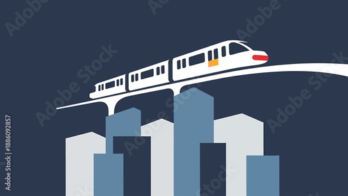 A high-speed train travels above city buildings in a futuristic urban landscape