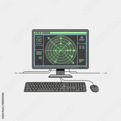 Radar screen computer display with airplane icons, keyboard and mouse
