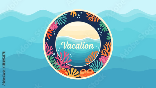 A vibrant illustration of a vacation scene surrounded by coral and tropical elements in the ocean