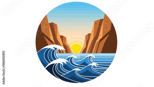 Serene Ocean Waves Crashing Against Rocky Cliffs at Sunset, Captured from a Unique Perspective