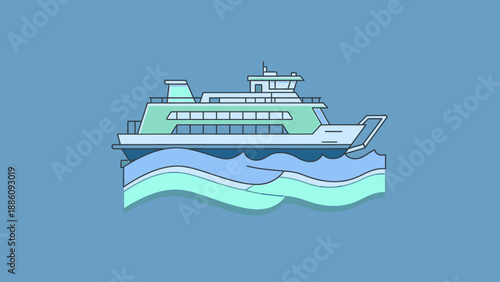 Illustration of a ferry boat sailing on wavy blue and green water, with a clear sky background