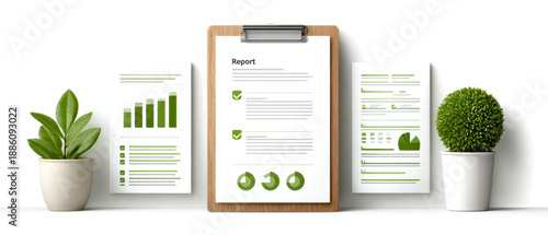 A modern workspace featuring a clipboard with a report, charts, and greenery in pots, creating a fresh and organized atmosphere.