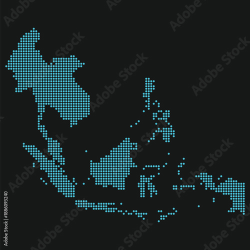 Southeast Asia Light Blue Point Grid Map on Black for AI Agents and 6G Edge Computing