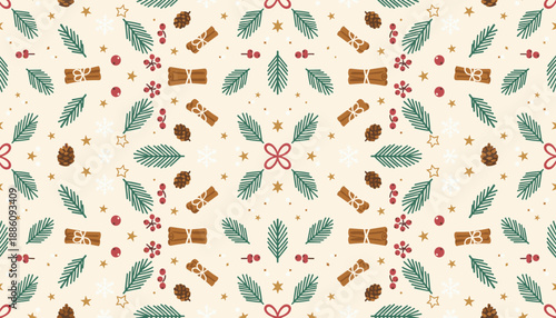 Seamless holiday pattern featuring cinnamon sticks pinecones berries and evergreen leaves Festive graphic