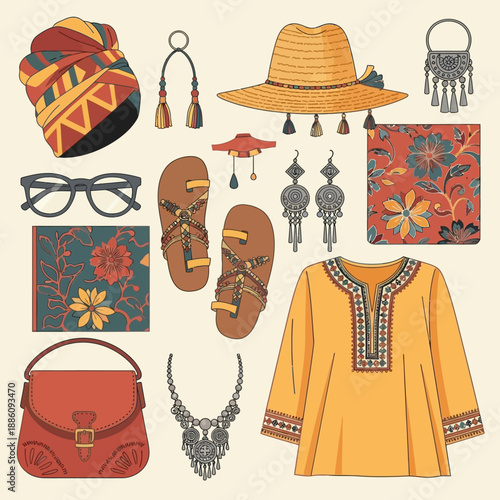 Bohemian Fashion Collection with Accessories and Clothing Items.