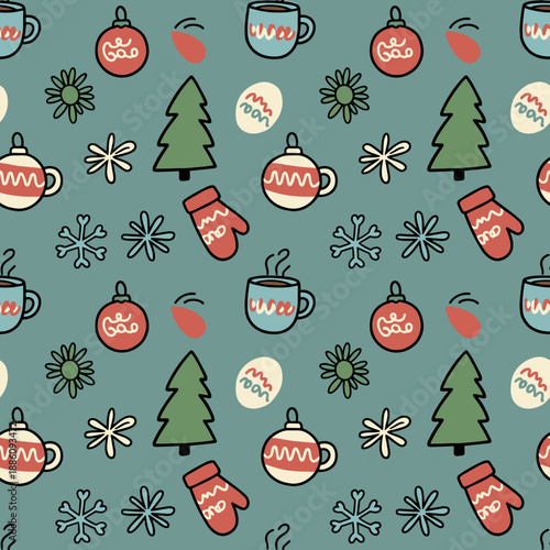 Cute winter holiday pattern with trees mugs snowflakes and mittens Cozy Christmas background design