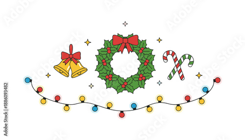 Festive Christmas decoration collection with wreath bells candy canes and colorful string lights