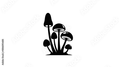 Black and white illustration of a group of mushrooms.