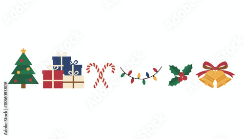 Festive Christmas icons tree gifts candy canes lights holly and bells on white background