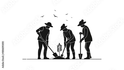 Illustration of farmers planting crops in a field, promoting sustainable agriculture.
