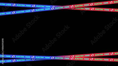 Electro Fans promotional text on blue and red moving tapes on black background loop.