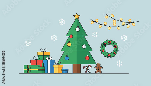 Festive Christmas illustration with tree gifts lights wreath and gingerbread man on a winter background