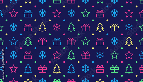 Neon Christmas seamless pattern with colorful gift boxes trees and snowflakes on a dark blue background