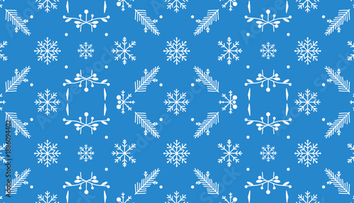 Seamless blue winter background with white snowflakes and decorative pine branches for Christmas design
