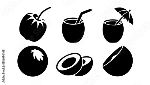 Black and white coconut silhouette icons set, tropical fruit symbols for logo and branding