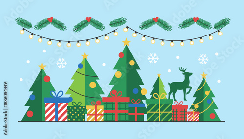 Festive flat design Christmas scene with decorated trees gifts reindeer and holiday lights on blue