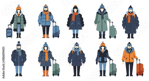 Winter Travel Character Set with Puffer Jackets and Suitcases Vector Illustration