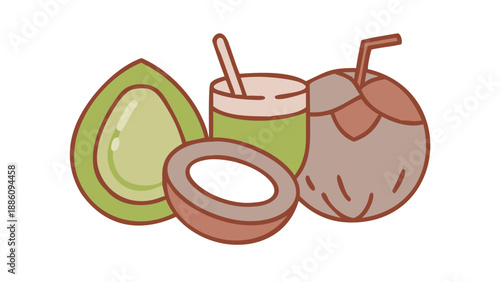 Cute illustration of coconut and avocado fruit with juice glass, tropical superfood concept