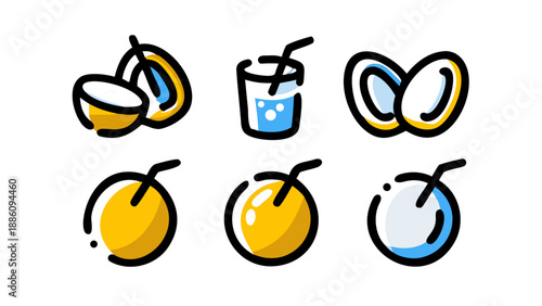 Hand drawn coconut doodle set with straw and juice glass, colorful sketchy tropical icons