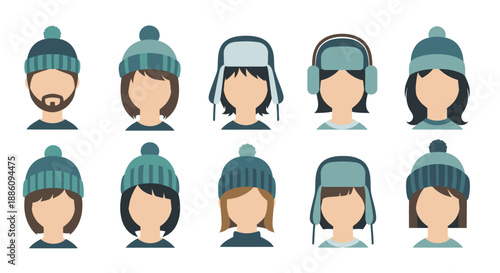 Winter People Avatar Icon Collection with Beanie Hats, Ushanka Earflap Caps, and Earmuffs