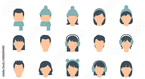 Winter People Avatar Icon Set with Cold Weather Accessories, Beanie Hats, Scarves, and Earmuffs