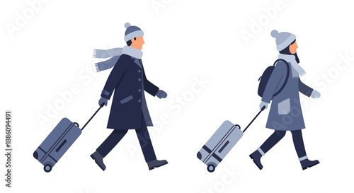 Flat Vector Illustration of Travelers Walking with Suitcases in Winter Outfits, Winter Vacation and Travel Concept