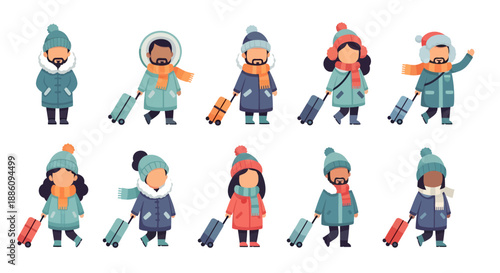 Set of Winter Travel Characters with Suitcases and Warm Clothes – Flat Design Vector Illustration of Tourists in Winter Outfits
