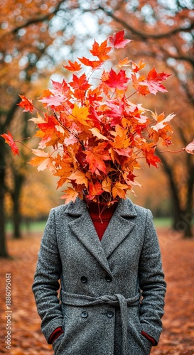 A person wearing a grey trench coat and a red turtleneck stands in an autumn park with their head replaced by a vibrant bouquet of red and orange maple leaves, symbolizing the beauty of fall.