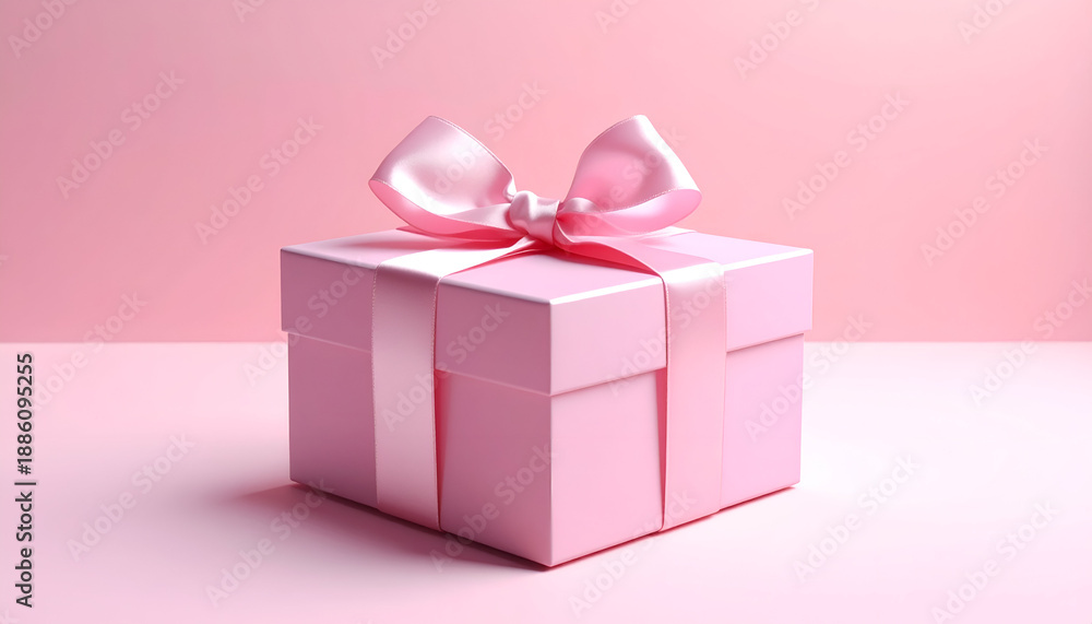 Obraz premium Pink gift box with red ribbon on pastel background.