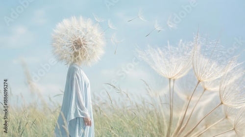 A person with a large dandelion seed head stands in a sun-kissed grassy field as fluffy seeds gracefully float through the soft blue sky, symbolizing lightness and new beginnings.
