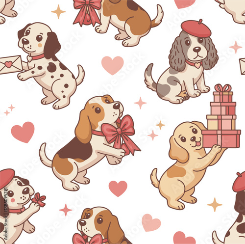 Cute puppy seamless pattern vector illustration, cartoon dogs with gift box hearts and bow ribbons