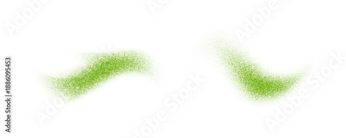 Matcha powder splashes set. Greed tea leaves particles bursts. Herbal dust sand textured piles. Flying dry flakes scattered on surface. Asian natural drink beverage ingredient explosion. Vector
