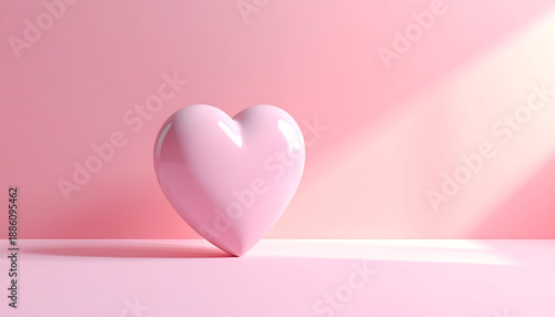 A shiny pink heart on a pink background with soft light.