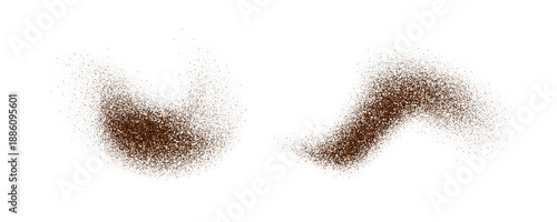 Brown chocolate powder splashes. Flying spices seasoning particles burst. Ground cacao beans textured piles. Cocoa or coffee flakes scattered on surface. Dry spicy explosion set. Vector illustration