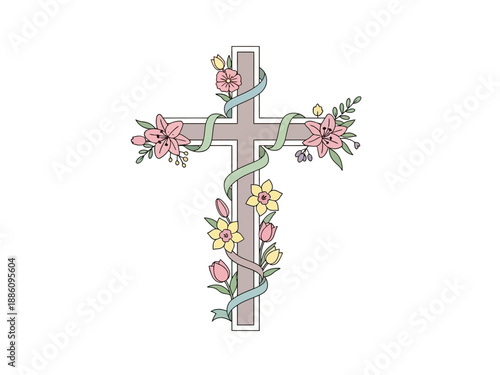 Christian Cross Decorated with Flowers and Ribbons.