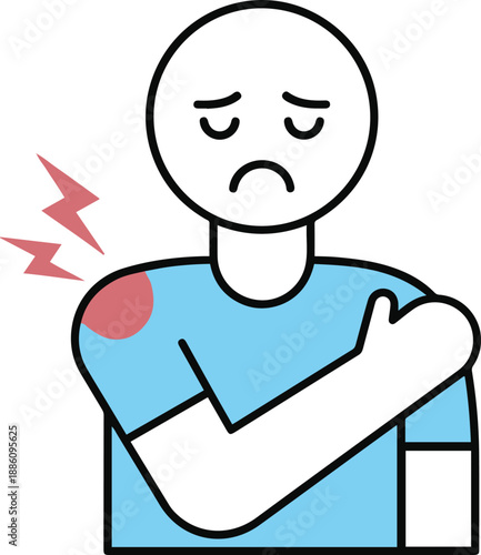 Vector flat line illustration of a character suffering from shoulder pain, clutching the injured area with a red highlight and lightning symbols indicating inflammation or trauma.