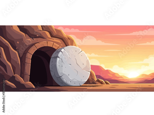 Empty tomb with stone rolled away at sunrise.